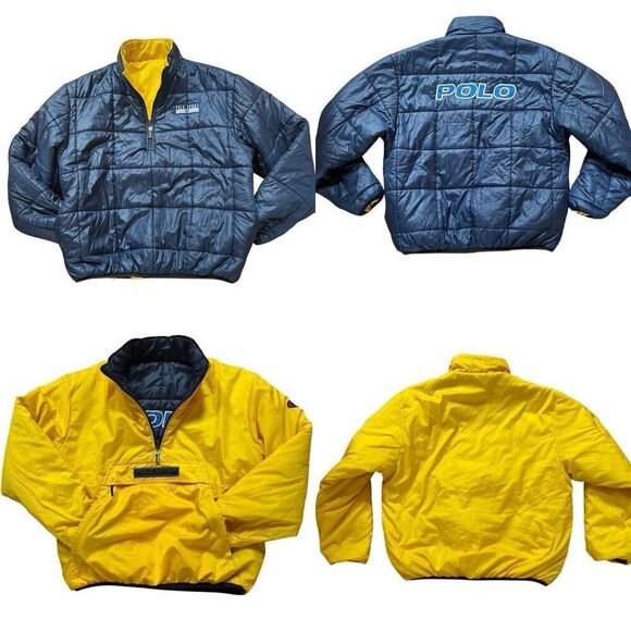 Vintage Polo Sport Ralph Lauren Puffer 1/4 Zip Jacket Pullover Mens L Reversible - Picture 1 of 16